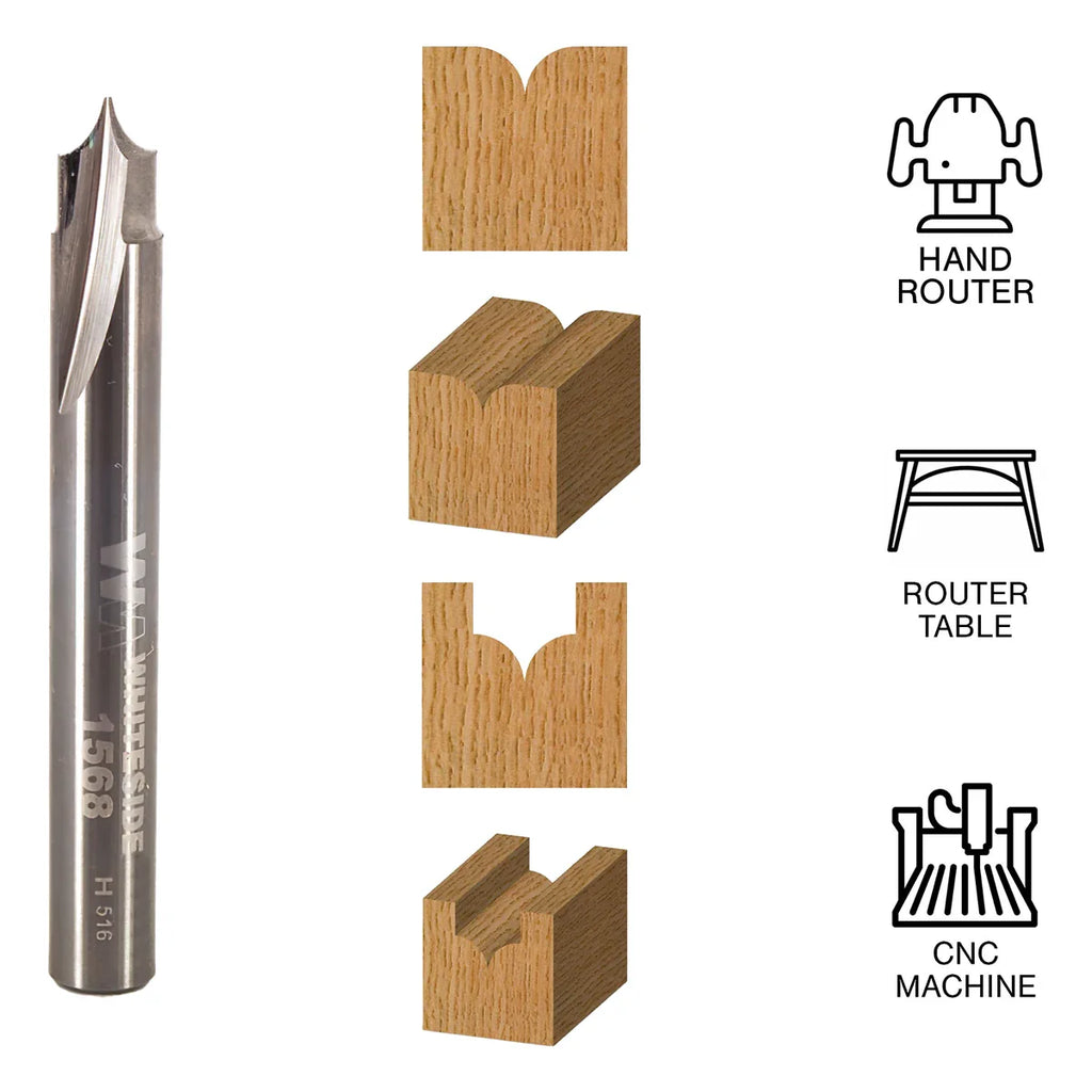 Whiteside WH1568 Point Cutting Roundover Bit 1/4" SH, 1/4"CD, 1/4"CL 1/8"R